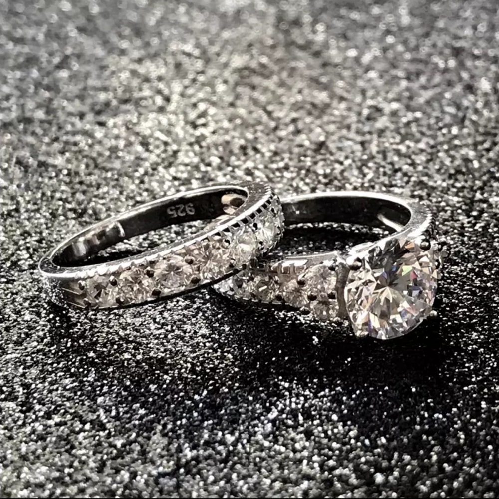 New 2pc set 925 Silver Diamond Engagement Ring - Picture 2 of 5